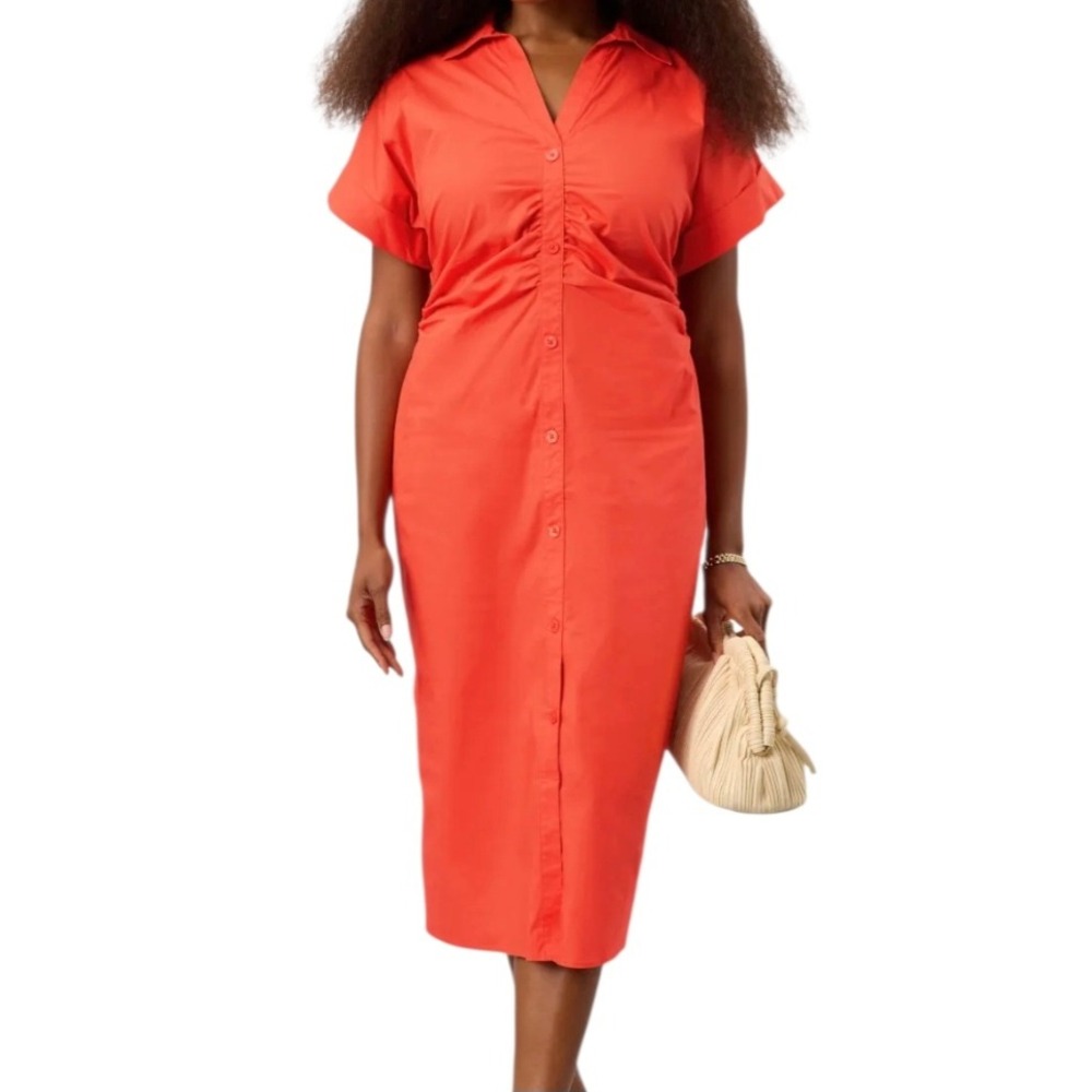 Saunders Collective Womens‎ Orange Midi Shirtdress Size 2 Ruched Poplin